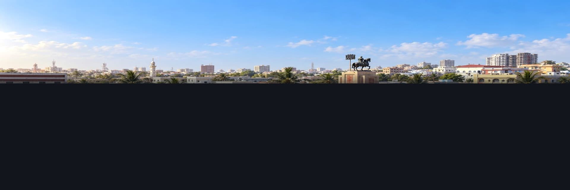 Mogadishu city square with Somali buildings and equestrian monument